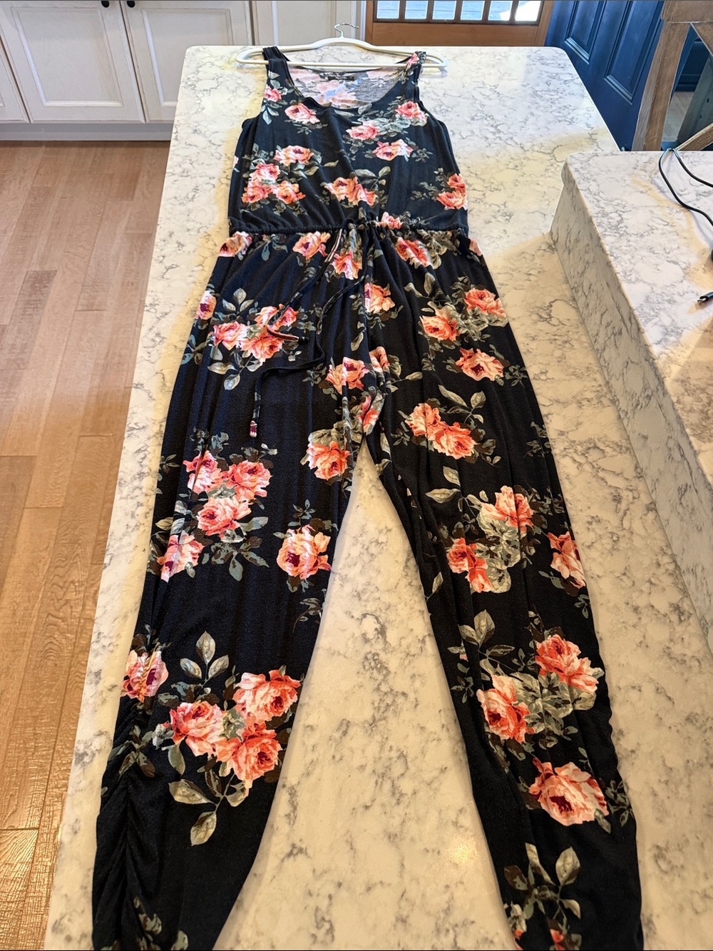 Michael Lauren Floral Tie-Waist Jumpsuit in Black with Pink Rose Print